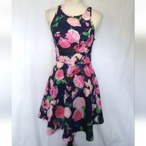 Sold! 2 for $16 Betsey Johnson Navy Blue Pink Roses Fit & Flare Scuba Dress US 6